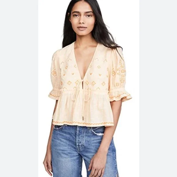 Free People Tallulah Embroidery Boho Crop Cotton Top Blouse XL Flowy Puff Sleeve - Picture 1 of 16